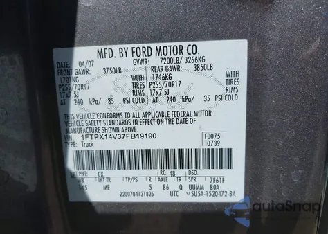 2007 Ford F-150 Fx4/Lariat/Xl/Xlt z USA, uszkodzony, nr VIN 1FTPX14V37FB19190